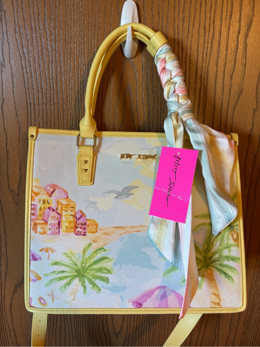 Betsey Johnson Yellow Trim Tropical Beach Tote with Scarf Accent